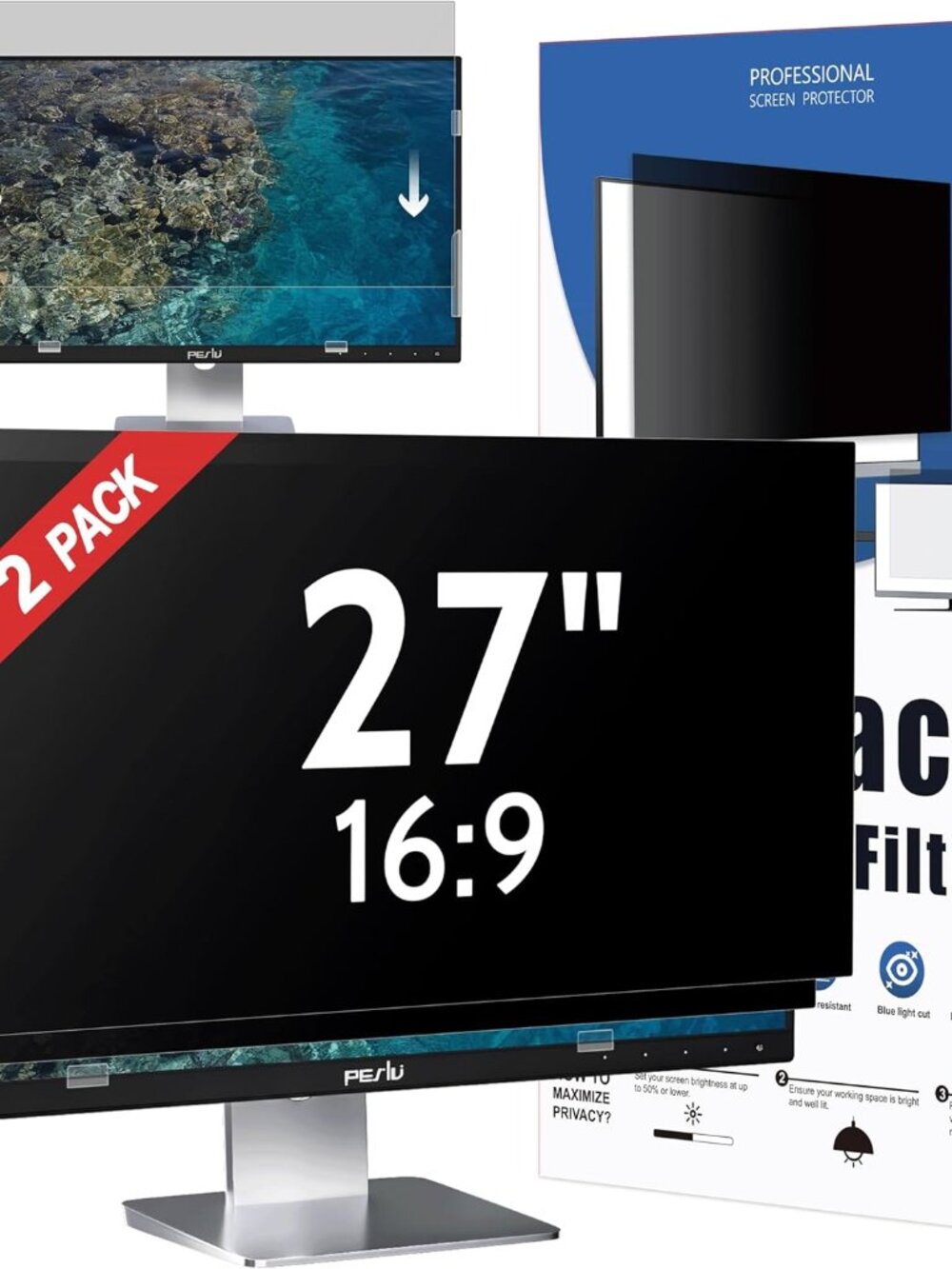[2-Pack] 27 Inch Privacy Screen for Computer Monitor 16:9 Aspect Ratio, Eye Prot